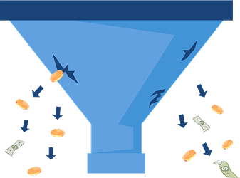 Blue funnel with cracks leaking coins and paper money symbolizing financial loss and inefficiency