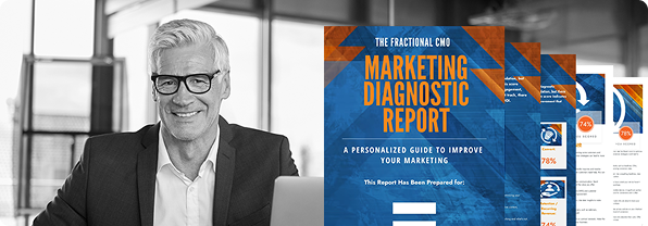 Smiling professional at desk with laptop beside personalized Fractional CMO Marketing Diagnostic Report featuring charts and insights.