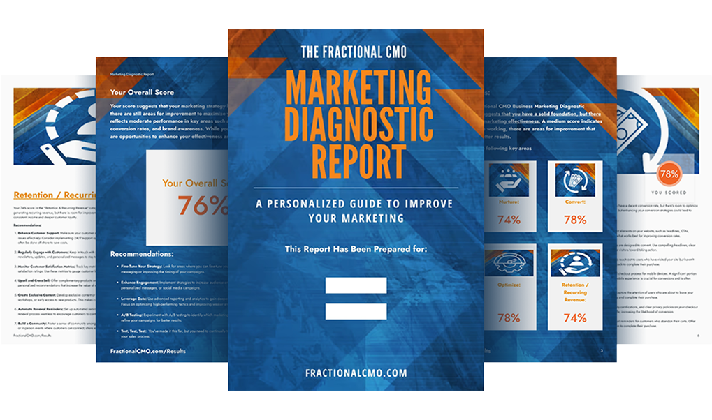 Fractional CMO Marketing Diagnostic Report with performance scores, recommendations, and personalized marketing insights.
